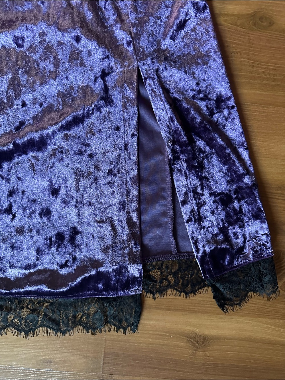 Cosmic Aura Purple Crushed Velvet Midi Slip Dress with Lace Trim Long Sleeved - Picture 2 of 10